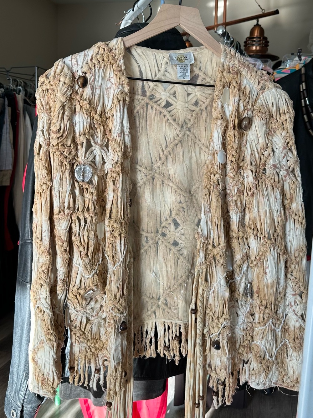 Vtg Rare! Handcrafted Beige Fringe Knit Women's Sweater Cardigan Size-Small